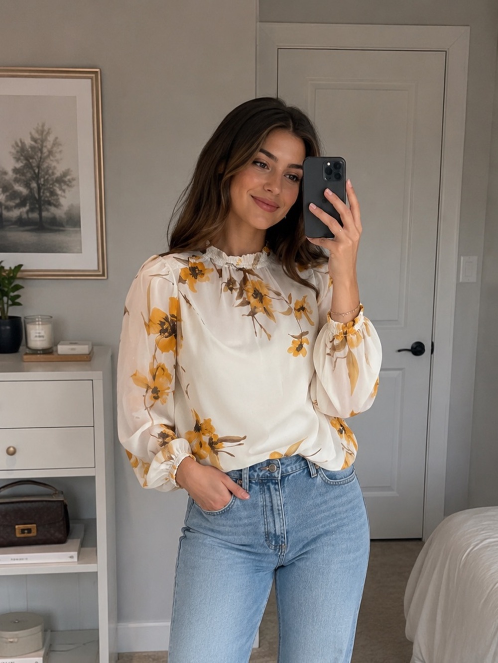 Aritzia White Blouse with Yellow Floral Print